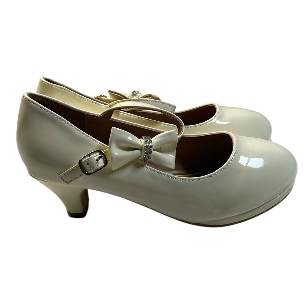 NIB Link Girls Ivory Patent Leather Mary Jane Buckle Shoes with Bow - Size 4 - Picture 6 of 12